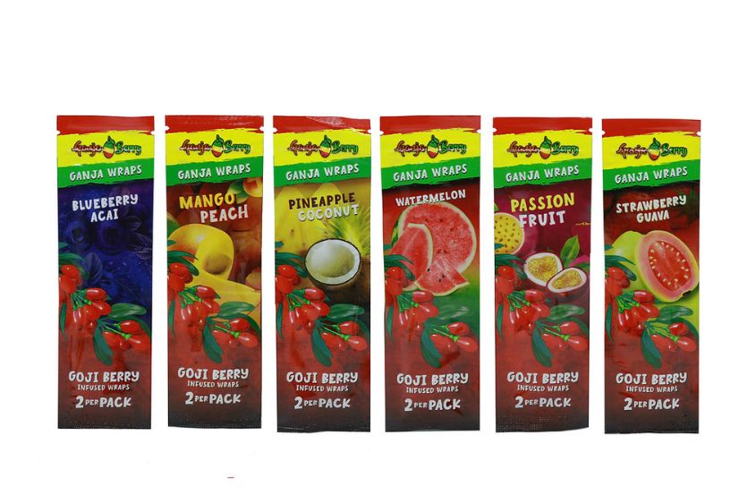 Assorted packs of Goji Berry Ganja Wraps with colorful packaging on a white background