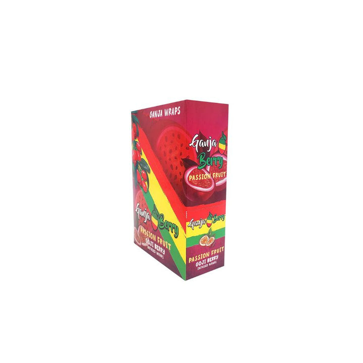 Box of Ginja Berry Passion Fruit Ginja Wraps with colorful design on a white background