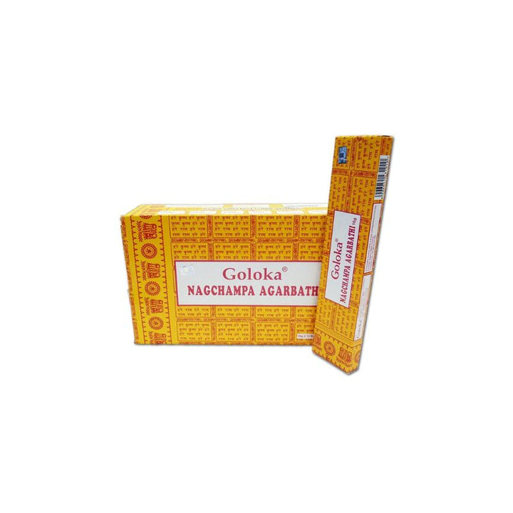 A box of Goloka Nagchampa Agarbath incense sticks, shown with one stick standing upright next to it on a plain white background.