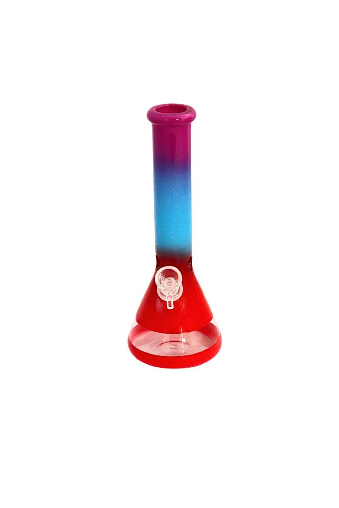 Gradient-colored glass beaker with red base on a white background