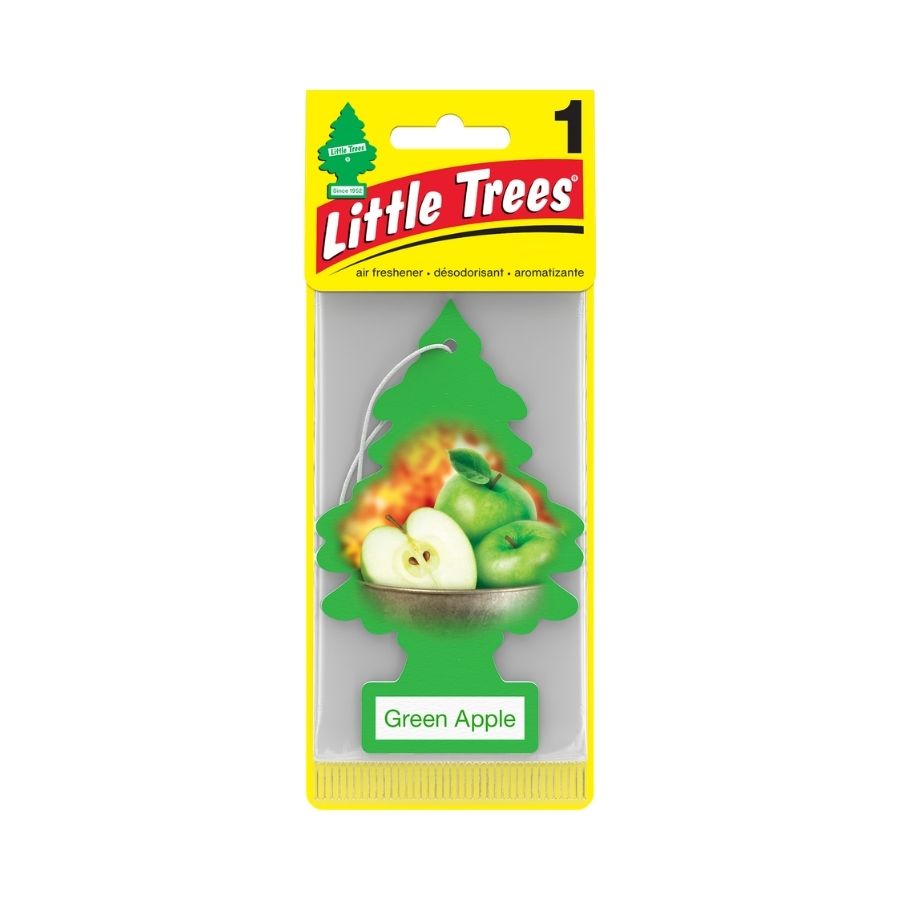 Little tree green apple airfreshner carded with wite background.