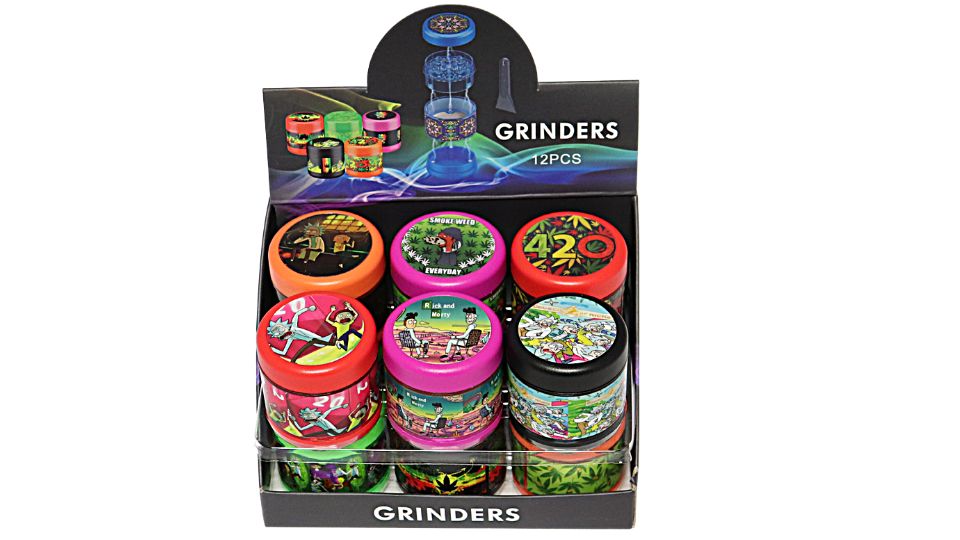 Display of colorful grinders with &