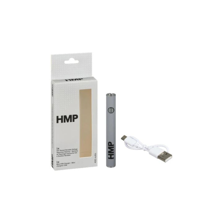 HMP electronic device with packaging and USB cable on a white background