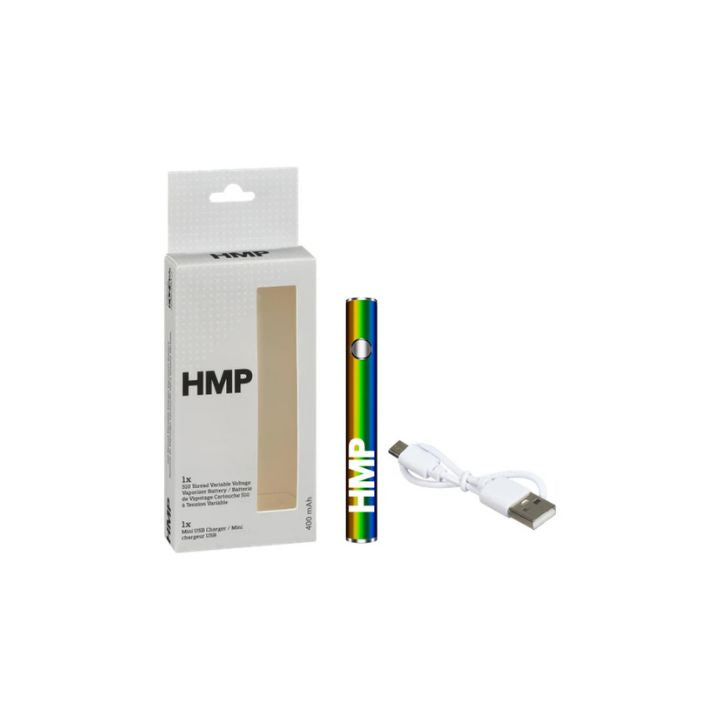 HMP product packaging with a pen and USB cable on a white background