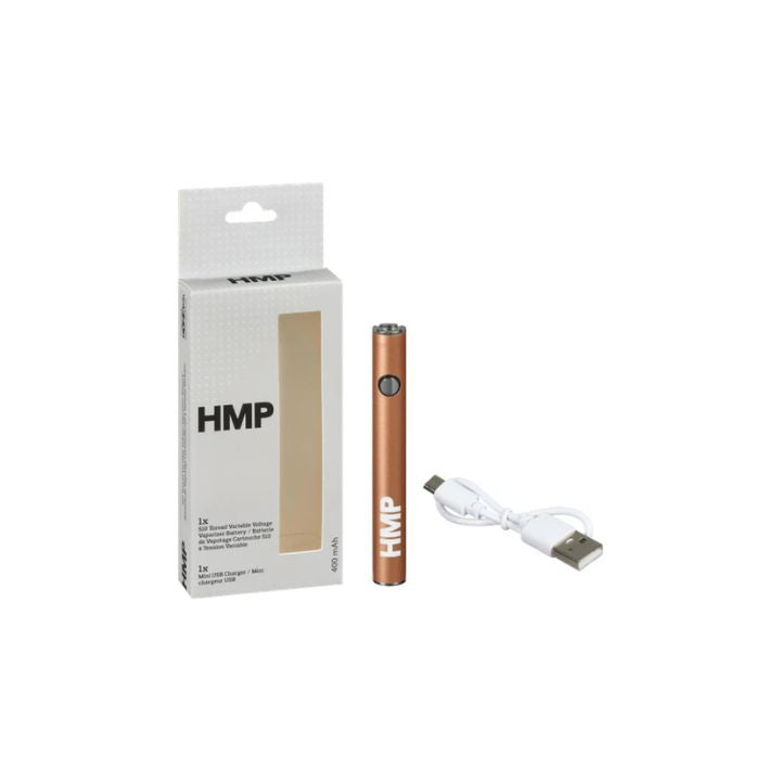 HMP power bank with packaging and USB cable on a white background