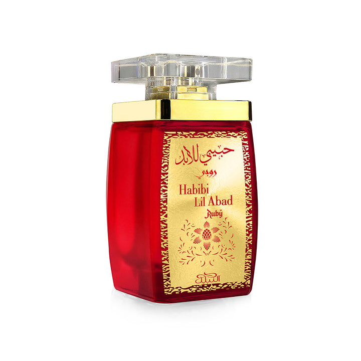 Red and gold perfume bottle with &