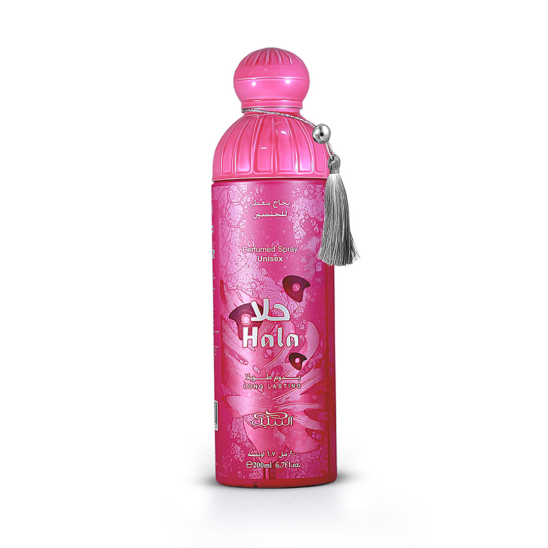Pink bottle with a tassel on a white background