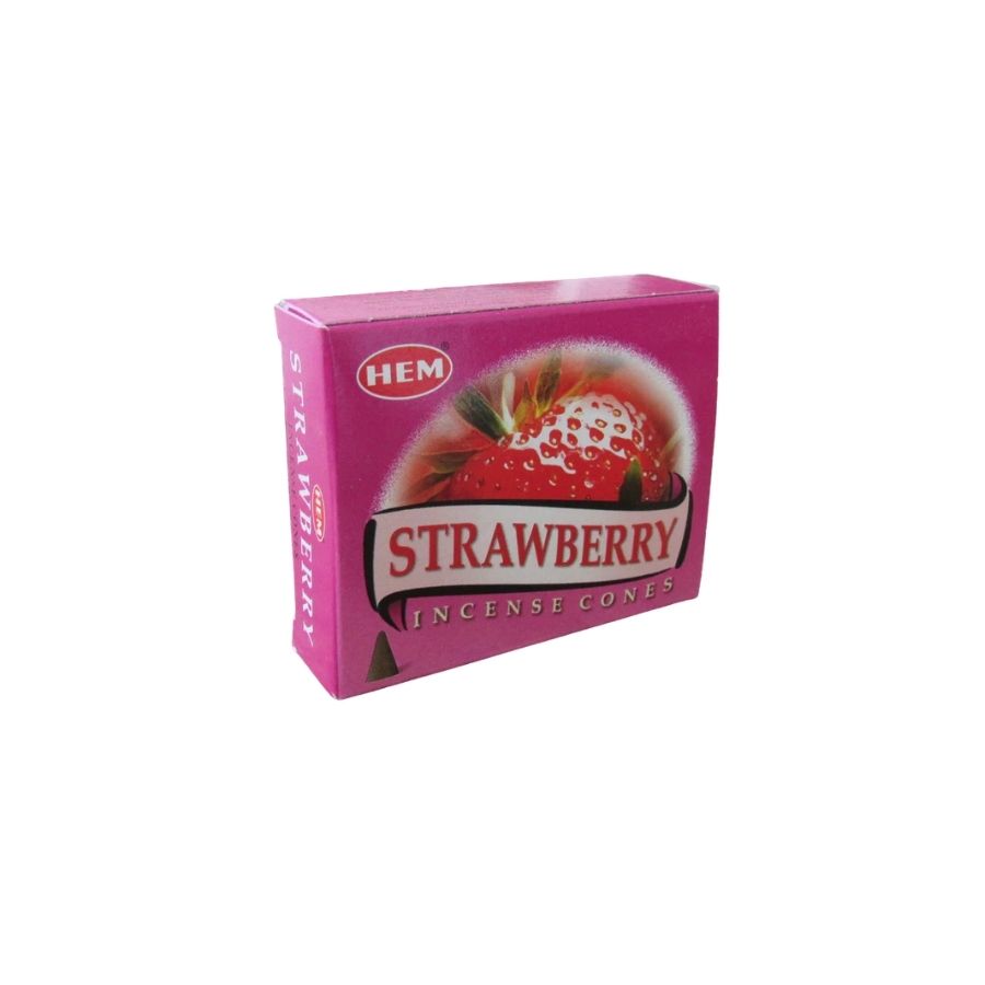 A pink rectangular box of HEM Strawberry Incense Cones, featuring a graphic of a fresh strawberry on the front, set against a plain white background.