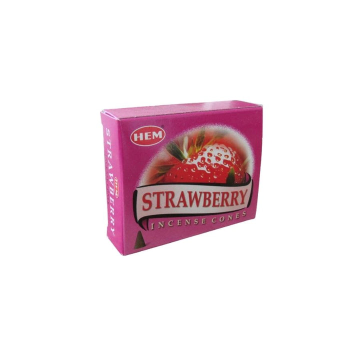 A pink rectangular box of HEM Strawberry Incense Cones, featuring a graphic of a fresh strawberry on the front, set against a plain white background.