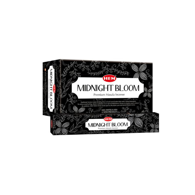 Two black rectangular boxes of HEM Midnight Bloom Premium Masala Incense on a plain white background.