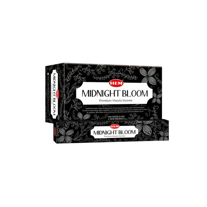 Two black rectangular boxes of HEM Midnight Bloom Premium Masala Incense on a plain white background.