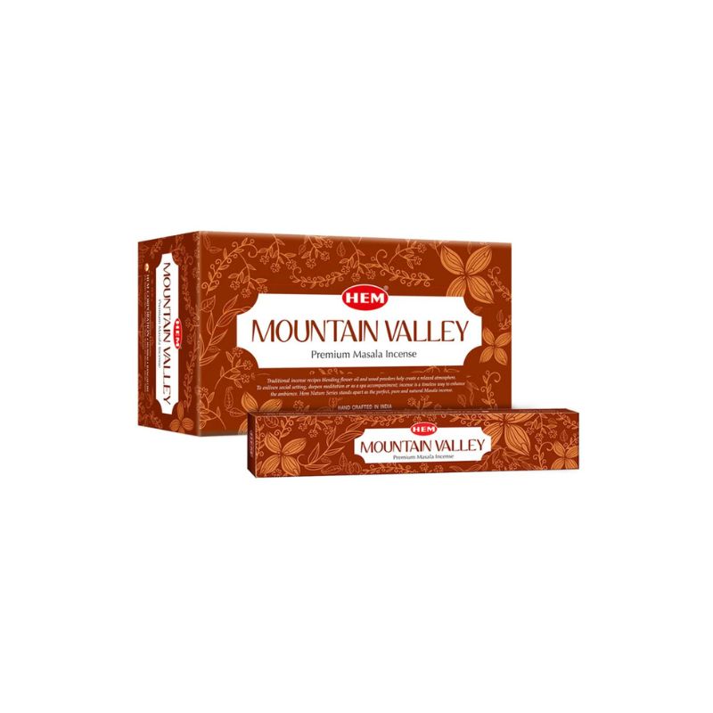 Mountain Valley Premium Masala Incense by HEM, shown with its brown patterned packaging box and a matching incense stick pack on a plain white background.