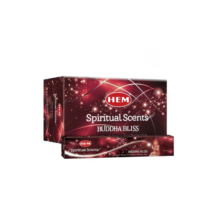 Two boxes of HEM Spiritual Scents Buddha Bliss incense sticks on a plain white background.