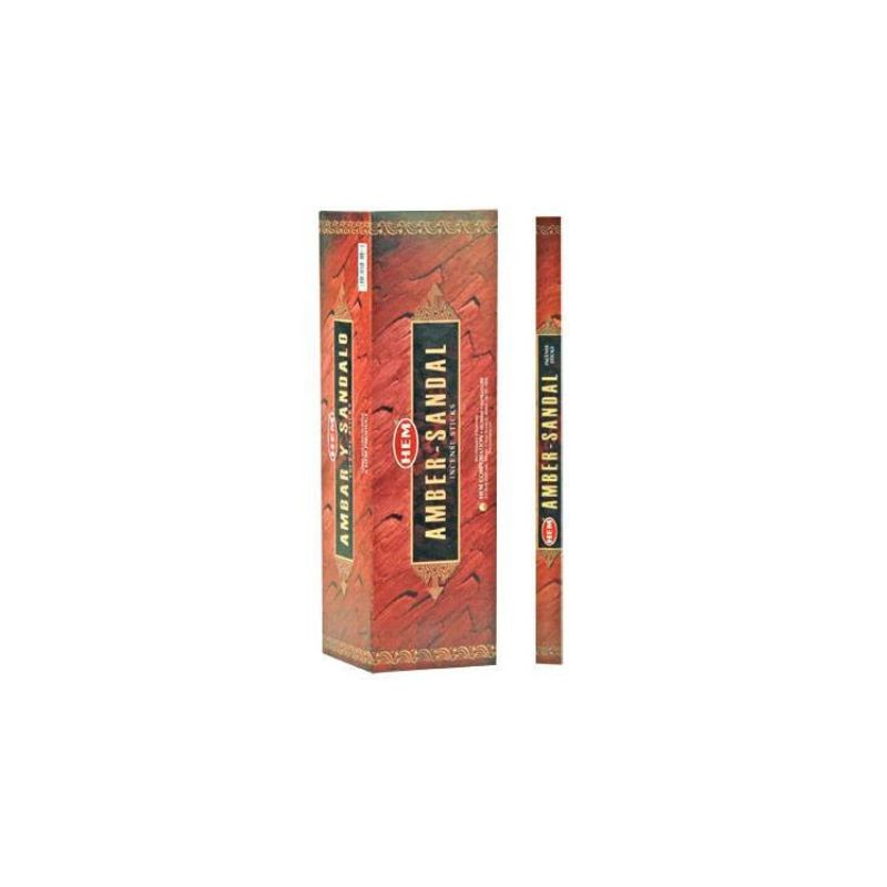 A box of Ambier Sandal incense sticks shown upright next to a single stick on a plain white background.
