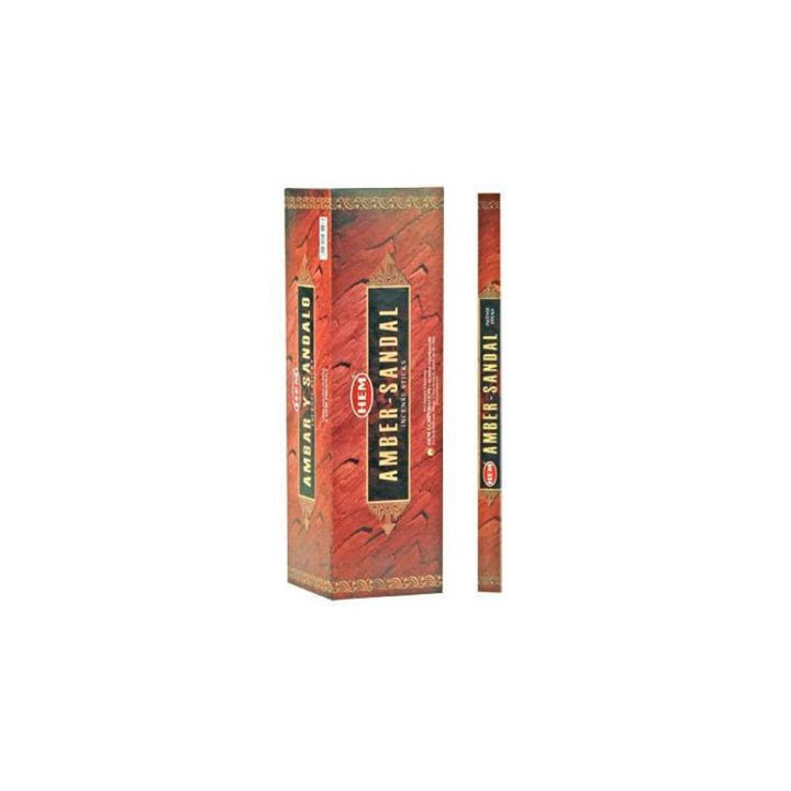 A box of Ambier Sandal incense sticks shown upright next to a single stick on a plain white background.