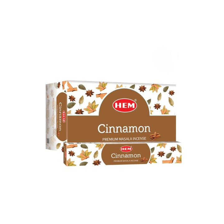 Two boxes of HEM Cinnamon Premium Masala Incense on a plain white background.