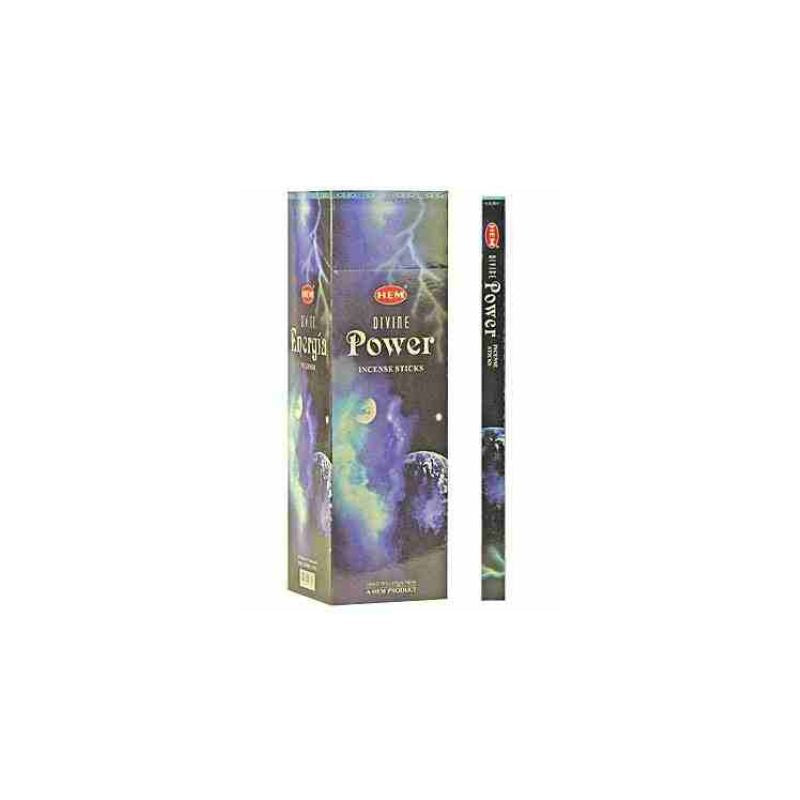 A box of Divine Power incense sticks by Hem, shown next to a single incense stick on a plain white background.