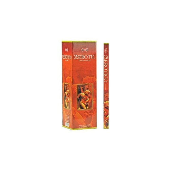 A box of Hem EROTIC erotic incense sticks shown next to a single incense stick on a plain white background.