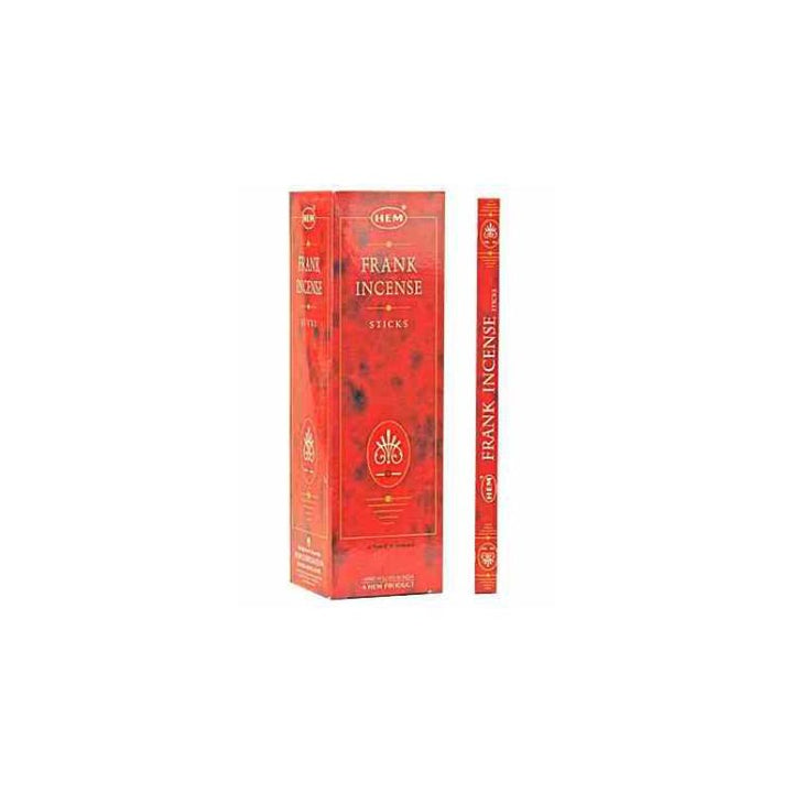 A red box of Hem  Frank Incense Sticks stands next to a single incense stick on a plain white background.