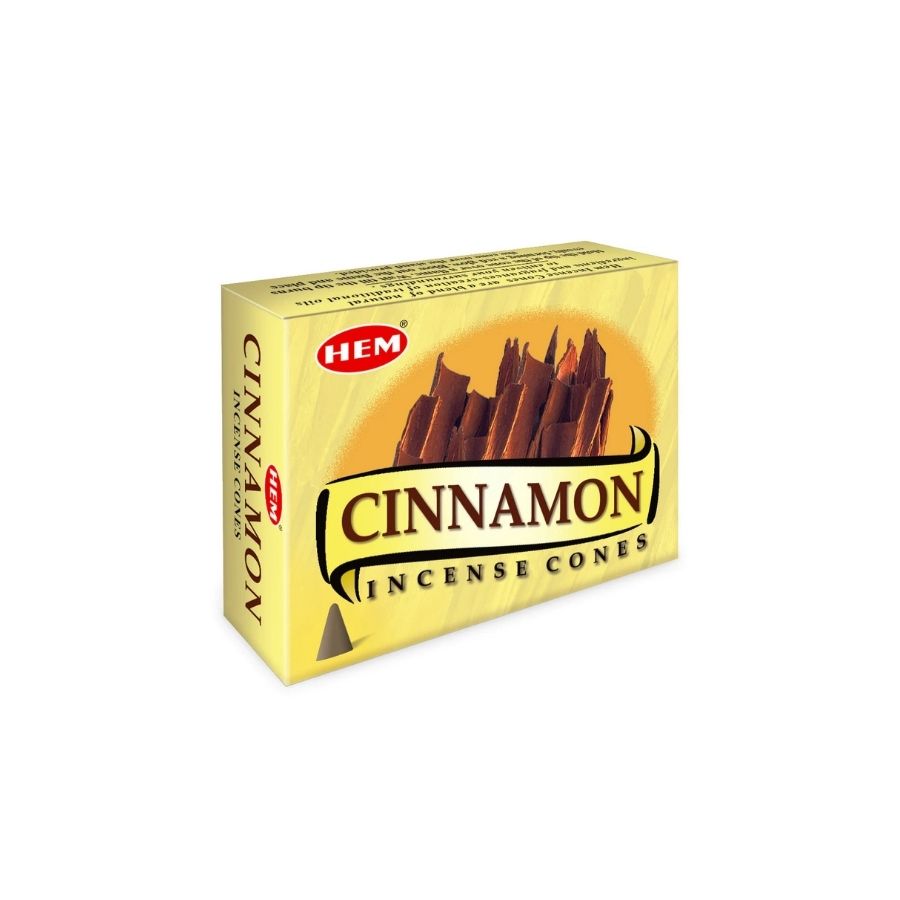 A box of HEM Cinnamon Incense Cones, featuring a yellow packaging design with an illustration of cinnamon sticks and the HEM logo.