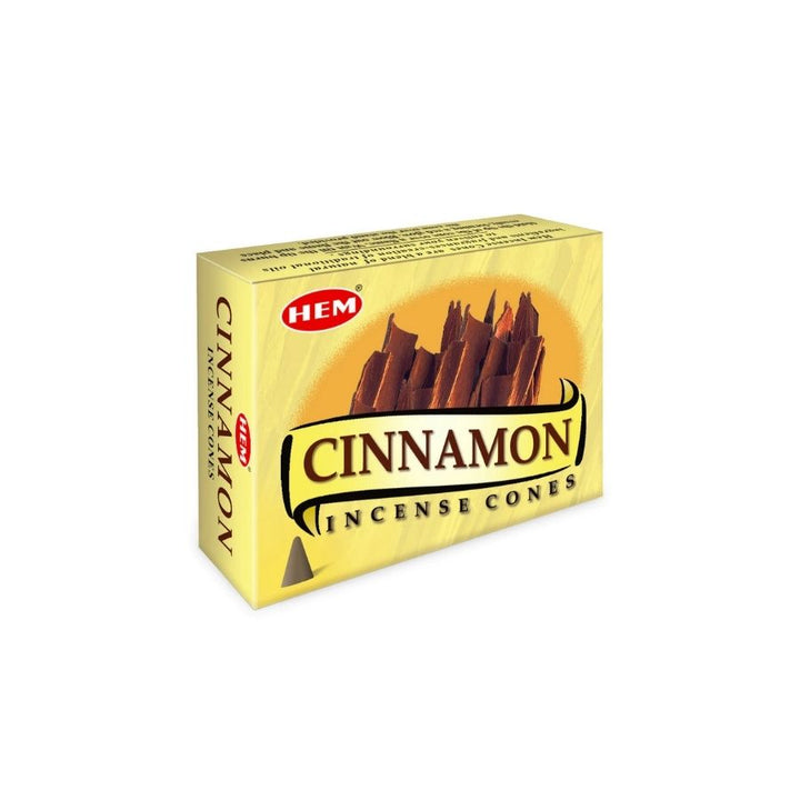 A box of HEM Cinnamon Incense Cones, featuring a yellow packaging design with an illustration of cinnamon sticks and the HEM logo.