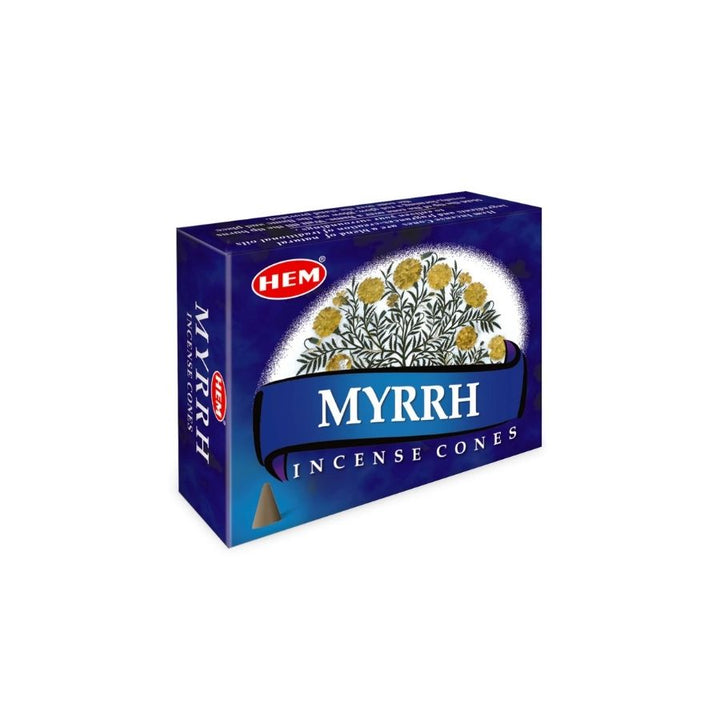 A box of HEM Myrrh Incense Cones, featuring a dark blue packaging design with a white and yellow botanical illustration of myrrh flowers and a small incense cone graphic.