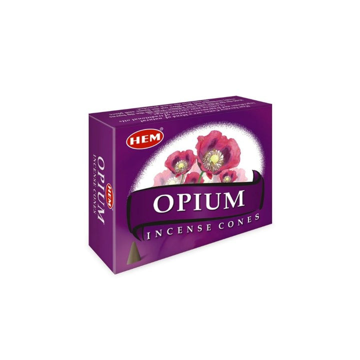 A purple rectangular box of HEM Opium Incense Cones, featuring illustrations of red poppies and a black banner with white text, set against a plain white background.