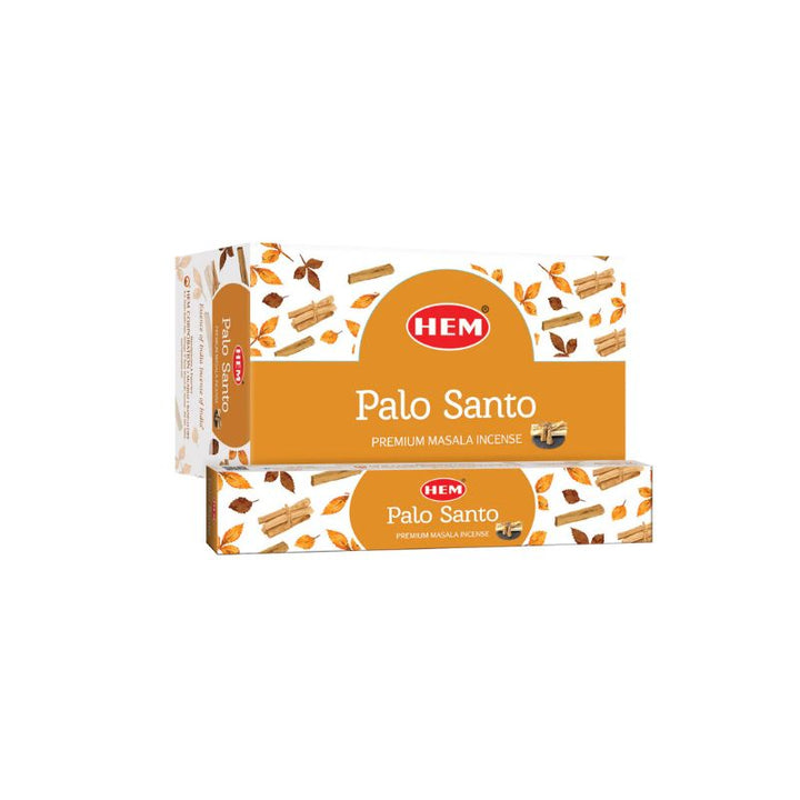 Two boxes of HEM Palo Santo Premium Masala Incense stacked on a plain white background.