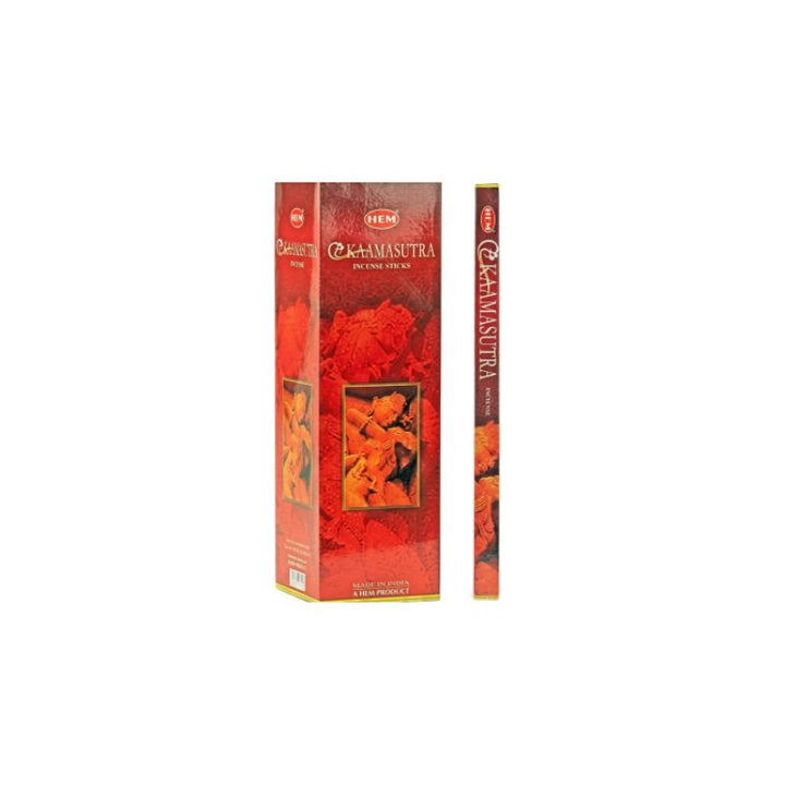 A box and a single stick of Hem Kamashutra incense sticks on a plain white background.
