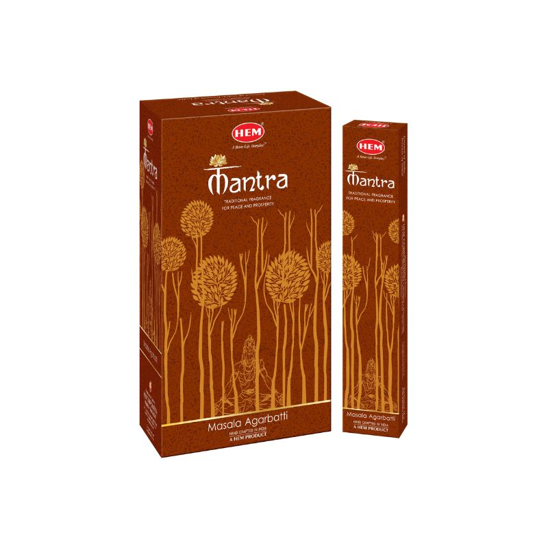 A box and a slim stick pack of HEM Mantra Masala Agarbatti incense sticks on a plain white background.