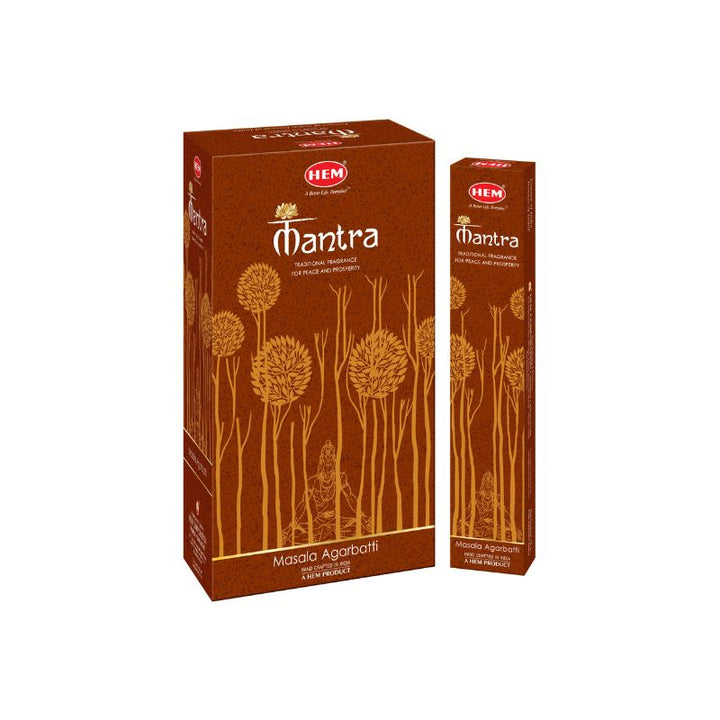 A box and a slim stick pack of HEM Mantra Masala Agarbatti incense sticks on a plain white background.