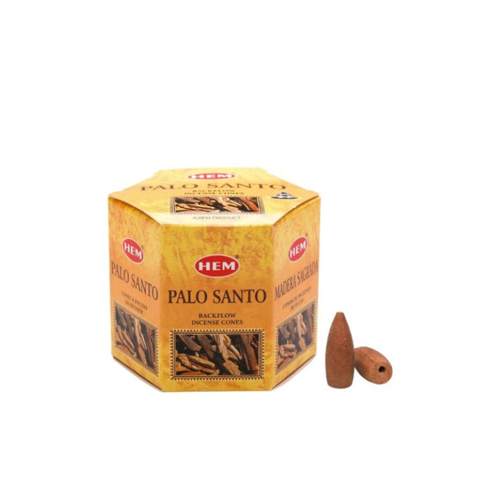 A box of HEM Palo Santo incense sticks with two brown Palo Santo cone incense sticks placed in front, set against a plain white background.
