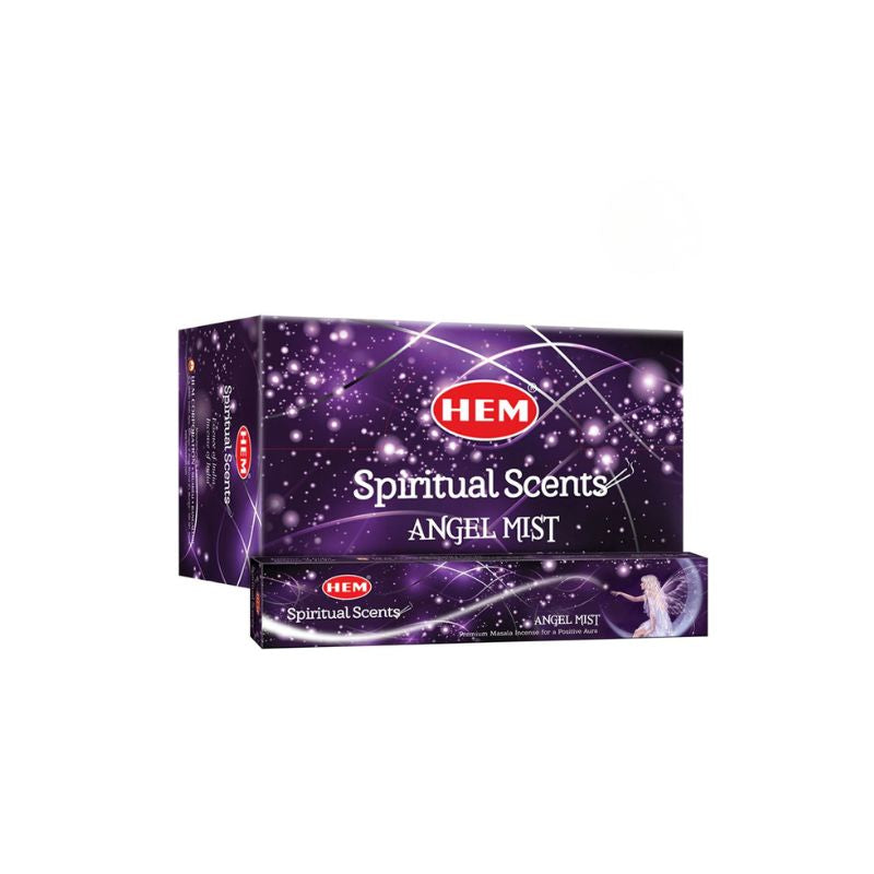 A box of HEM Spiritual Scents Angel Mist incense sticks, featuring a dark purple background with white starry patterns and a red HEM logo on a white background 