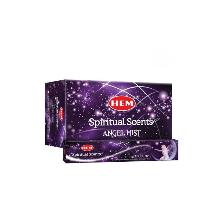A box of HEM Spiritual Scents Angel Mist incense sticks, featuring a dark purple background with white starry patterns and a red HEM logo on a white background 