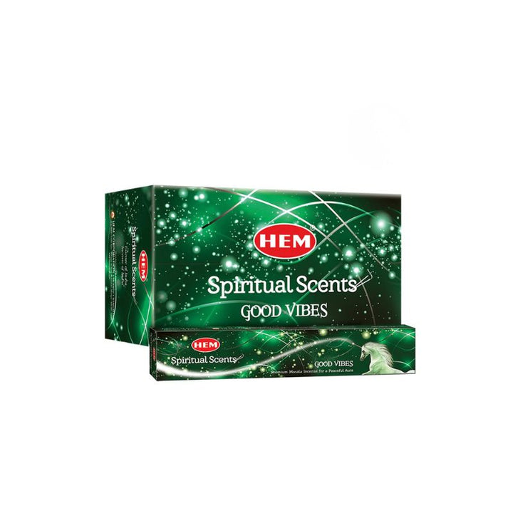 A box of HEM Spiritual Scents Good Vibes incense sticks, featuring a dark green background with glowing white star-like sparkles and a red HEM logo on a white background