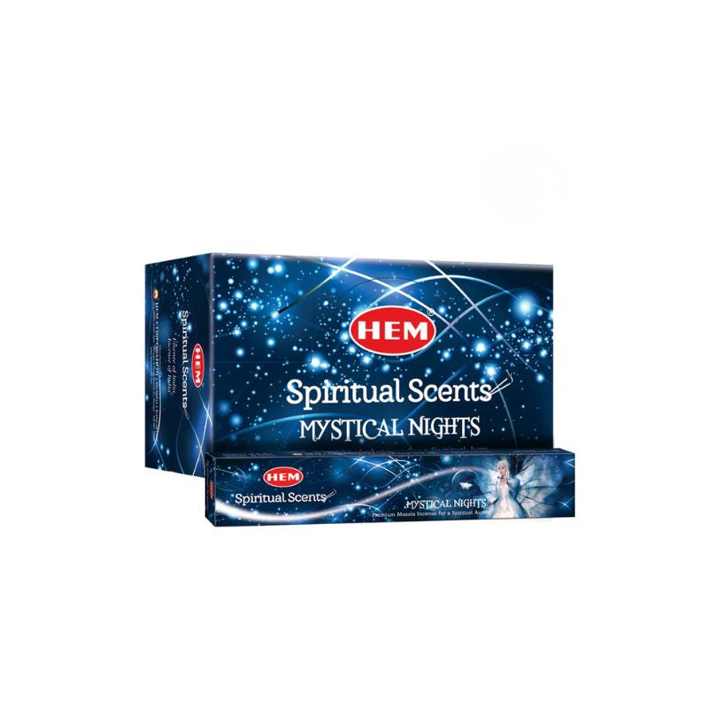 Two boxes of HEM Spiritual Scents Mystical Nights incense sticks on a plain white background.