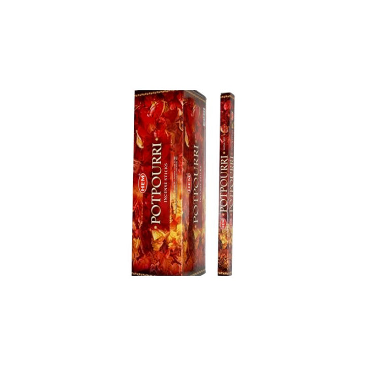 A box of Potpourri incense sticks shown next to a single stick, featuring a red and orange floral pattern with white text on a white background.