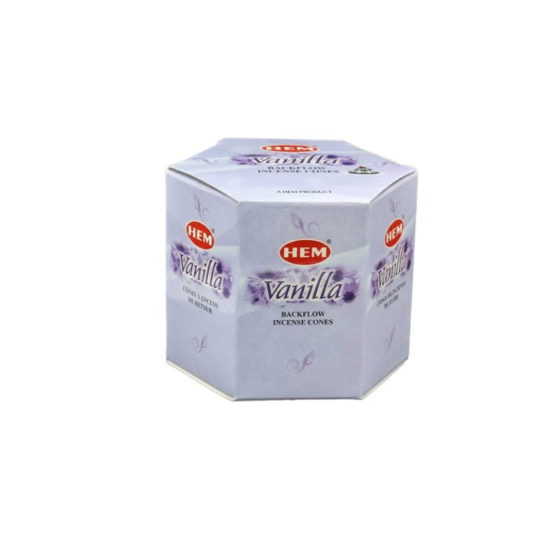 A hexagonal box of HEM Vanilla Backcflon Incense Cots on a plain white background.