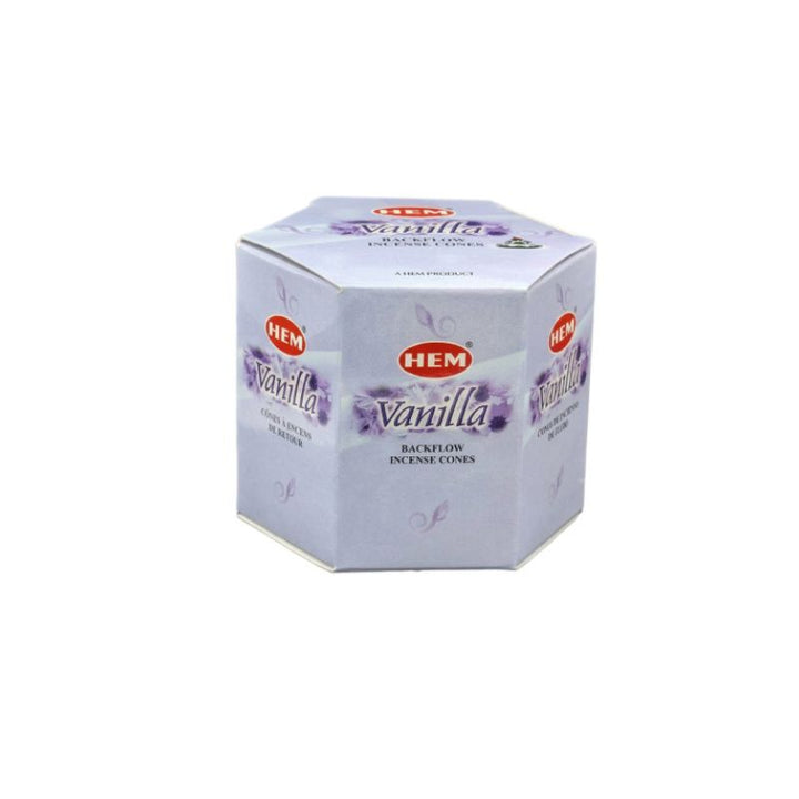 A hexagonal box of HEM Vanilla Backcflon Incense Cots on a plain white background.