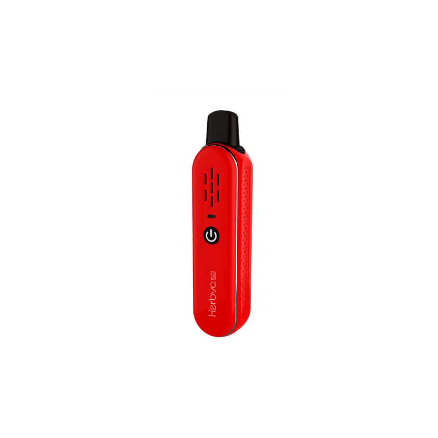 Red vape device with visible branding on a white background