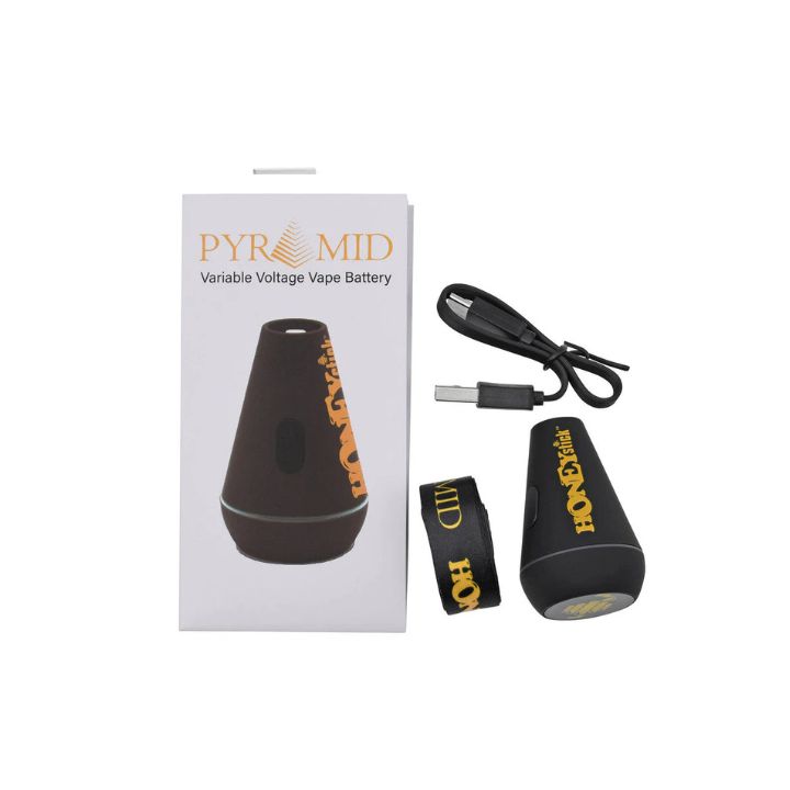 Pyromid variable voltage vape battery with packaging, charger, and strap on a white background