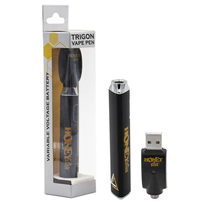Trigon vape pen with packaging and USB charger on a white background