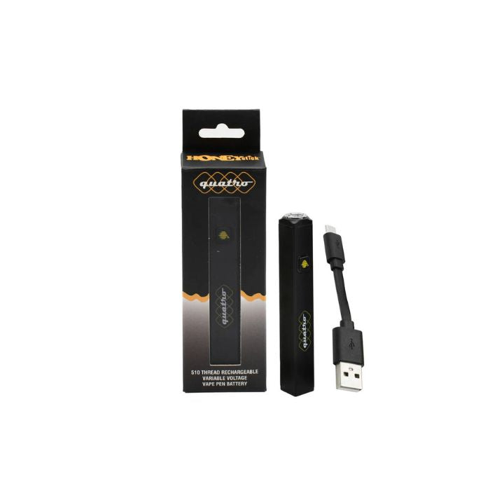 Black vape pen with USB cable and packaging on a white background