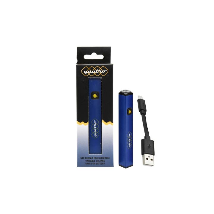 Blue vape device with USB cable and packaging on a white background