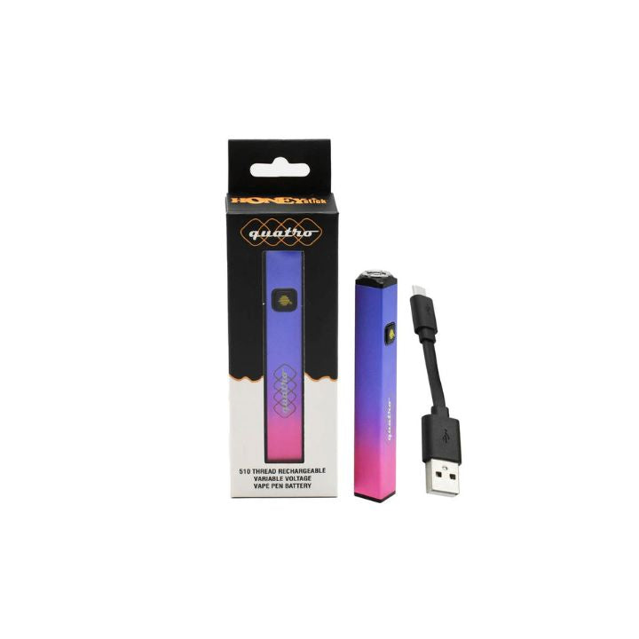 Gradient-colored vape pen battery with packaging and USB cable on a white background