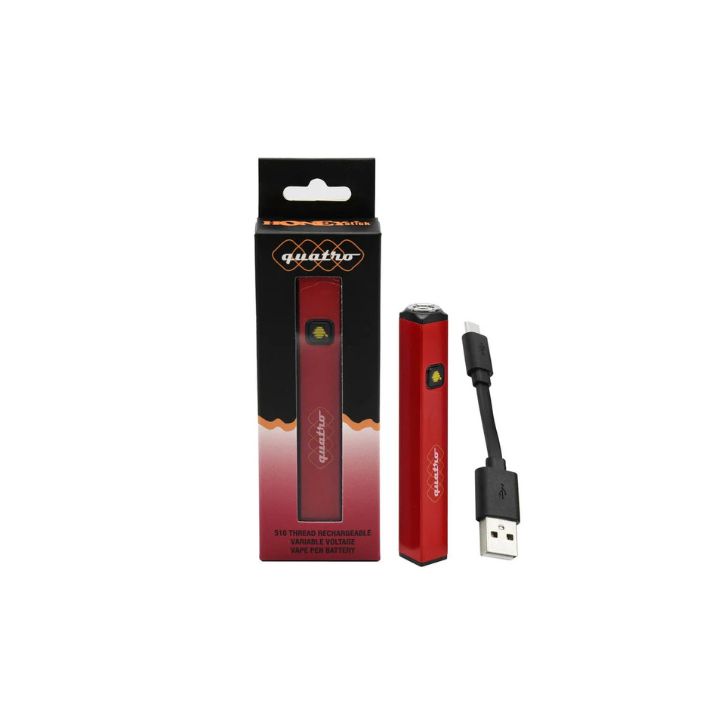 Red vape pen with USB cable and packaging on a white background