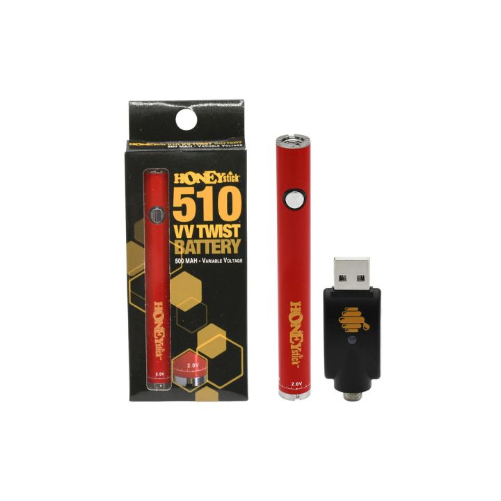 Red HoneyBadger 510 VV Twist battery with packaging on a white background