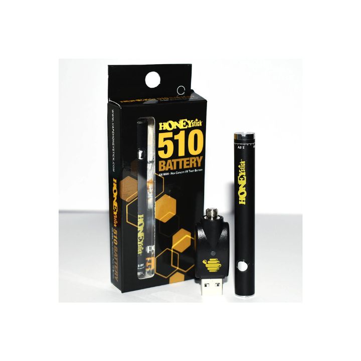 HoneyBadger 510 battery packaging with battery and USB cable on a white background