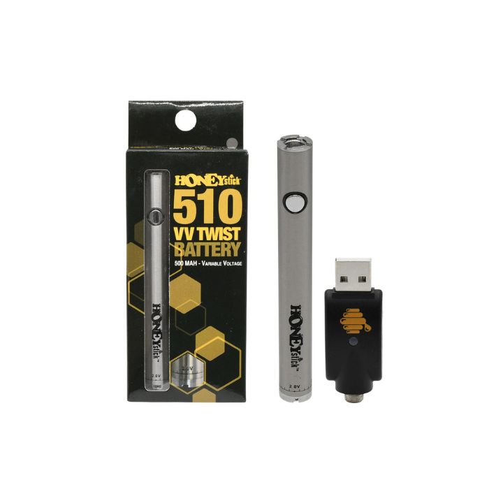 HoneyBadger 510 VV Twist battery with packaging and USB charger on a white background