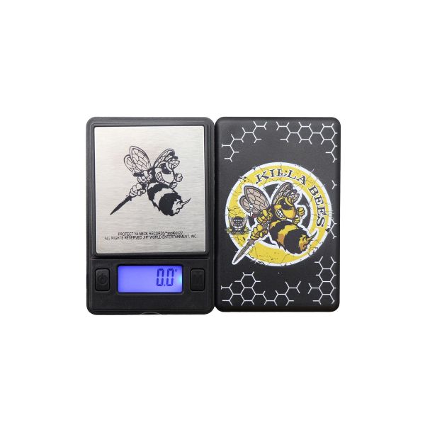 Digital pocket scale with Killa Bees branding on a white background